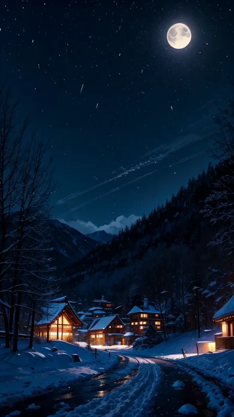 Snow，village，night，moon，Look up，Maximum resolution，The most beautiful scenery。