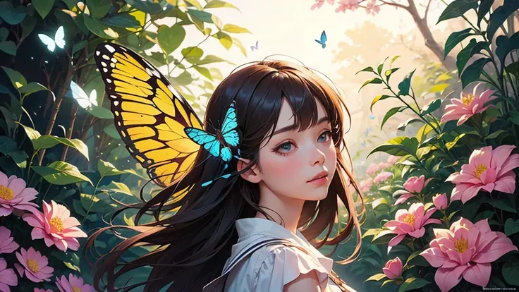 Girl with butterfly head, Surrounded by colorful gardens, Soft and calming colors, Bright flowers, Butterflies fluttering, Gentle sunlight, Great atmosphere, Detailed and full-fledged features, Smooth brushwork, oilの具, 高品質とHigh resolution, Magical and surr...