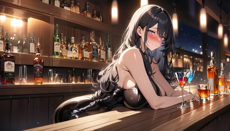 best quality, 4K, high resolution, masterpiece:1.2, Extremely detailed），Sad expression looking at the camera，Large Breasts,30 years old girl,独奏,black hair,long hair,blue eyes,(drunk,blush),sitting,drinking,((Mature sexy body))，Black stockings，Black tight s...