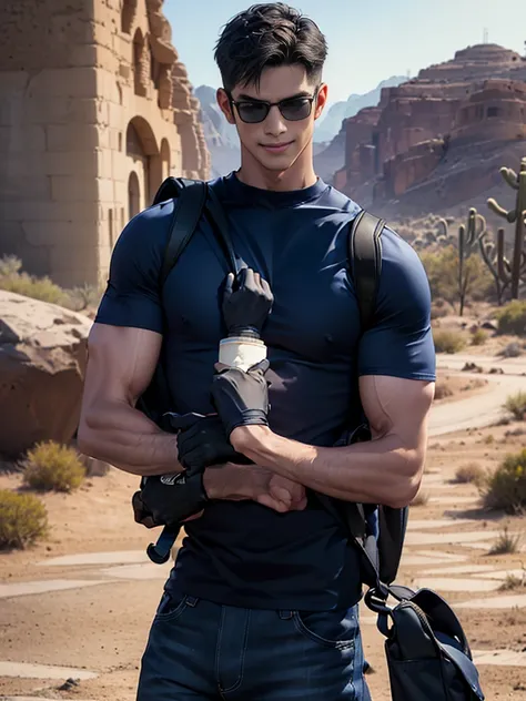 1 man,crew cut hair,(Wear a fitted round neck t-shirt in navy blue with a police badge.:1.2),Navy blue jeans,(black_gloves:1.3),(Carrying a black backpack:1.3),Korean guy,chest muscles,large arm muscles,blood vessel,Big muscles,Broad shoulders,middle of th...