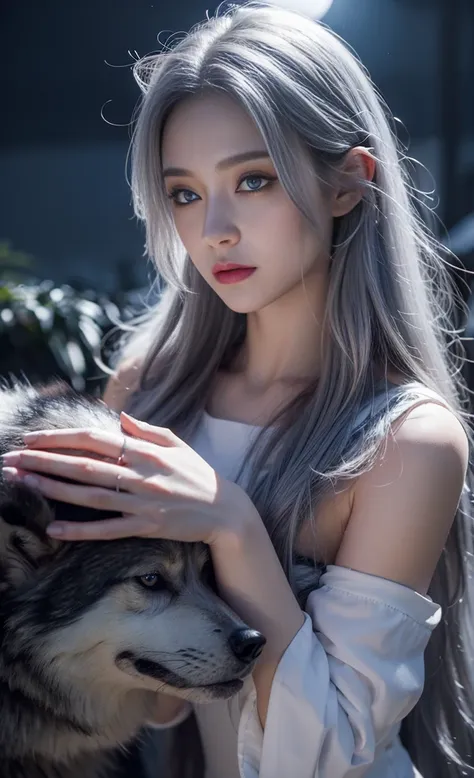 Beautiful and perfect 8k ultra high definition professional photos, Focus, In a stunning fantasy world, 20-year-old cute silver-haired girl，The hands are beautiful,( (A girl and a mysterious giant wolf)), , In the moonlight of the night，Gloomy eyes