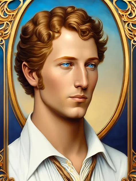 Portrait of Heinrich Heine, white skin, greyish-blue eyes, silky golden-brown hair, refined features, charp jawline, clean shaved, white laced shirt, Art Nouveau style, Mucha style, Mucha background, realism, high quality