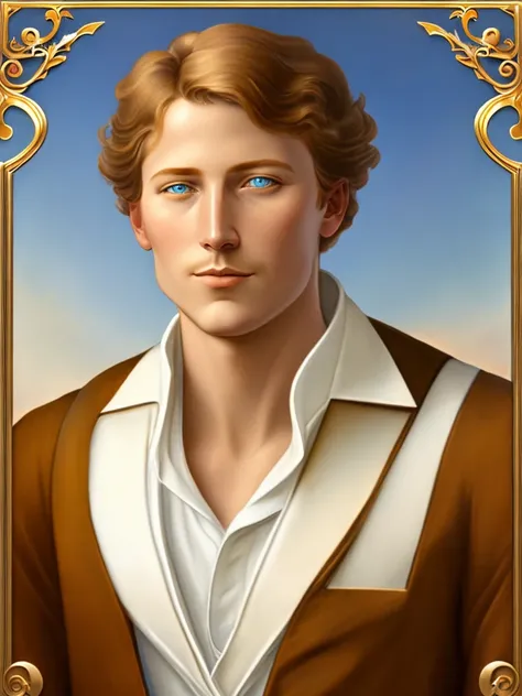 Portrait of Heinrich Heine, white skin, greyish-blue eyes, silky golden-brown hair, refined features, charp jawline, clean shaved, white laced shirt, Art Nouveau style, Mucha style, Mucha background, realism, high quality