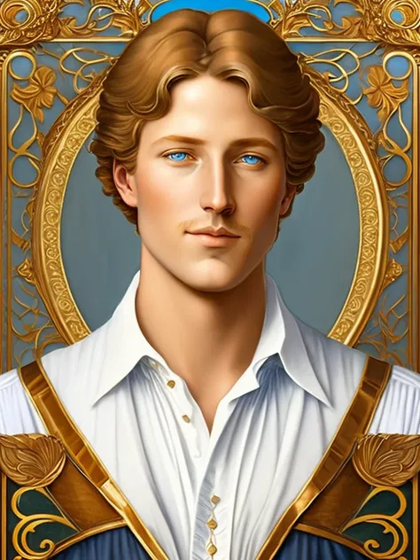 Portrait of Heinrich Heine, white skin, greyish-blue eyes, silky golden-brown hair, refined features, charp jawline, clean shaved, white laced shirt, Art Nouveau style, Mucha style, Mucha background, realism, high quality