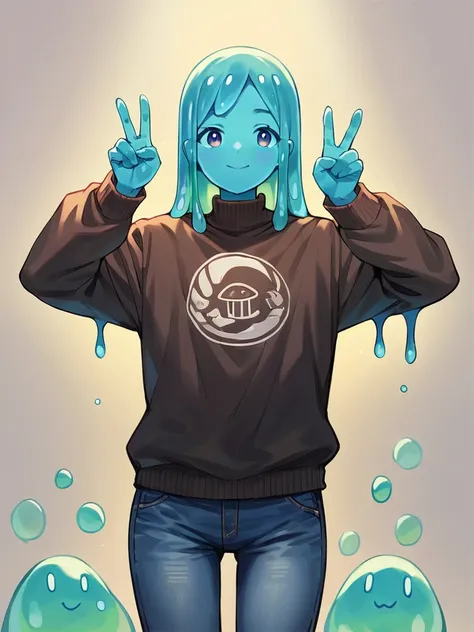 score_9, score_8_up, score_7_up, score_6_up, score_5_up, score_4_up, source_anime, slime boy, blue skin, sweater, jeans, peace sign pose, slime boy, long green slime hair , wind, cowboy shot, humanoid, solo, detailed, beautiful