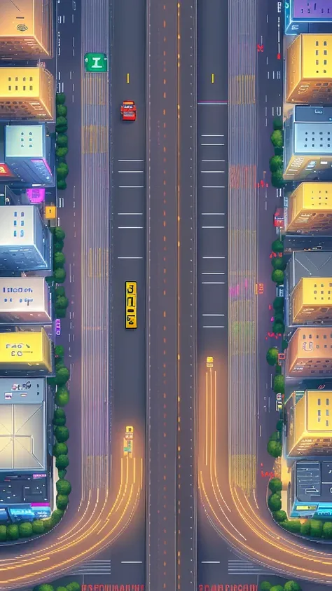 Straight road running through the center of the city, game concept, game map, pixel, pixel art, (straight road:1.2), paved road, night, detailed, vertical, birds eye view, modern city, front projection