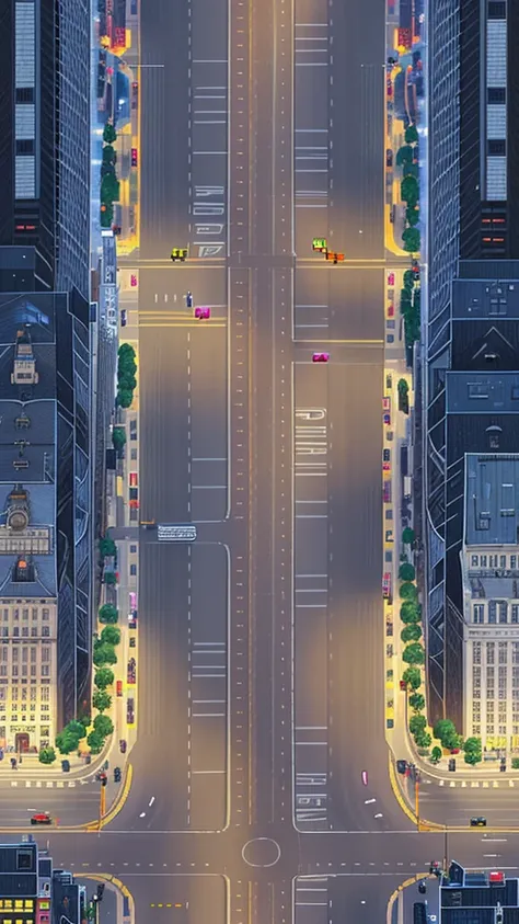 Straight road running through the center of the city, game concept, game map, pixel, pixel art, (straight road:1.2), paved road, night, detailed, vertical, birds eye view, modern city, front projection