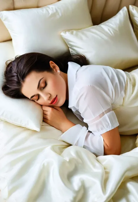 a girl sleeping on silk sheets and a pillow.