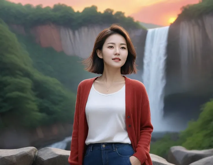 k Best picture quality, Beautiful 36-year-old Korean woman, short and good weather. Chest size 34 inches, America, with a view of Semiti Falls. , Red sunrise scene, Picture quality that makes the background vivid and realistic, Short and medium hair blowin...