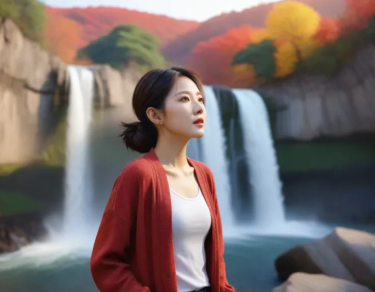 k Best picture quality, Beautiful 36-year-old Korean woman, short and good weather. Chest size 34 inches, America, with a view of Semiti Falls. , Red sunrise scene, Picture quality that makes the background vivid and realistic, Short and medium hair blowin...