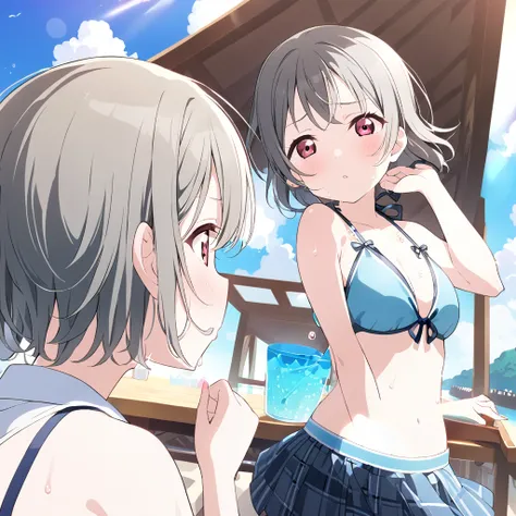 Kasumi Nakasu　Grey Hair　short hair　Red Eye　Light blue bikini　Beach　Drink a drink　Strong sunlight　sun　Sweaty　LoveLive　Nijigasaki Gakuen School Idol Club