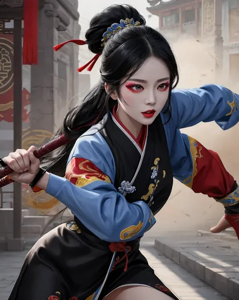 Color Ink Splashing, best quality,masterpiece,highly detailed,ultra-detailed,   beijing opera, solo, 1girl, black hair, makeup  ,fighting stance, holding weapon, portrait, 
<f