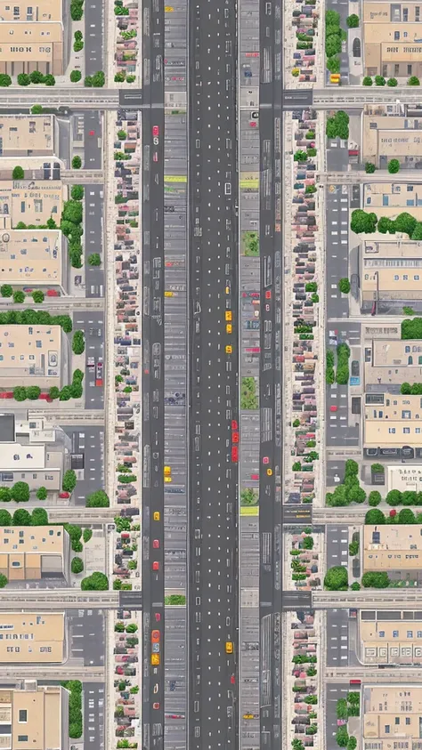 Straight road running through the center of the city, game concept, game map, pixel, pixel art, (straight road:1.2), paved road, night, detailed, vertical, birds eye view, modern city, front projection