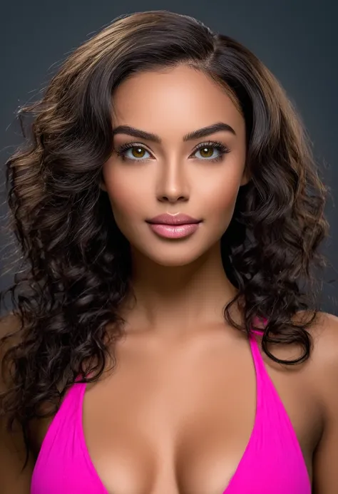 WOMAN wearing pink bikini, pink micro bikini, pink bra, model posing for a photo, standing photo. a beautiful woman, beautiful Latin face, Brazilian supermodel, stunning, stunning beauty, Angolan descent, most beautiful woman in the world, jaw-dropping bea...