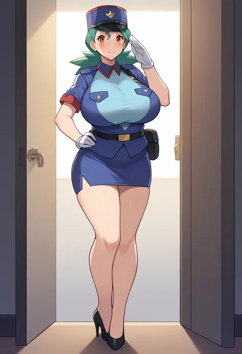 score_9, score_8_up, source_anime bibl3, mature woman standing at attention, salute, solo 1girl( jenny (pokemon), police uniform...