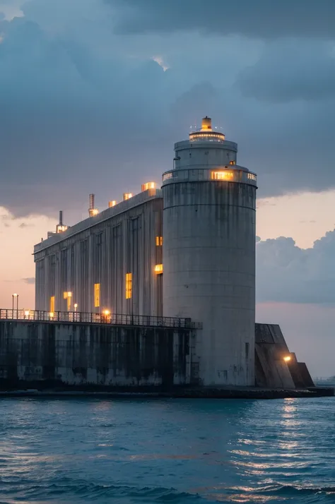 Gloomy weather，A sea fortress，huge，Modern Industrialization，searchlight