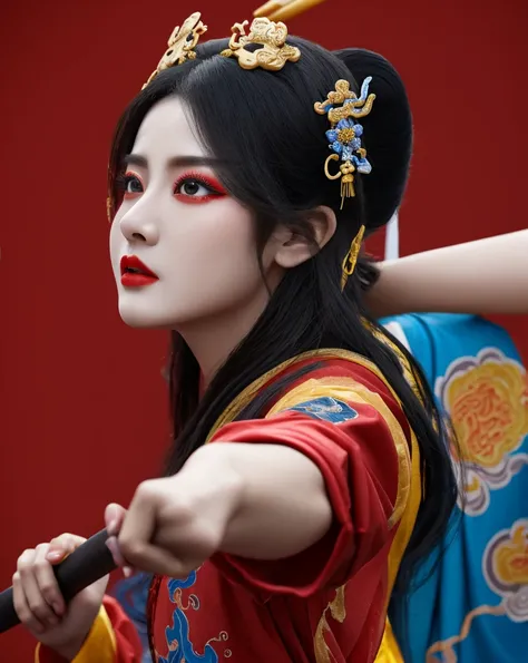 Color Ink Splashing, best quality,masterpiece,highly detailed,ultra-detailed,   beijing opera, solo, 1girl, black hair, makeup  ,fighting stance, holding weapon, portrait, 
<f