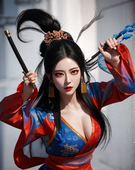 Color Ink Splashing, best quality,masterpiece,highly detailed,ultra-detailed,   beijing opera, solo, 1girl, black hair, makeup  ,fighting stance, holding weapon, portrait, 
<f