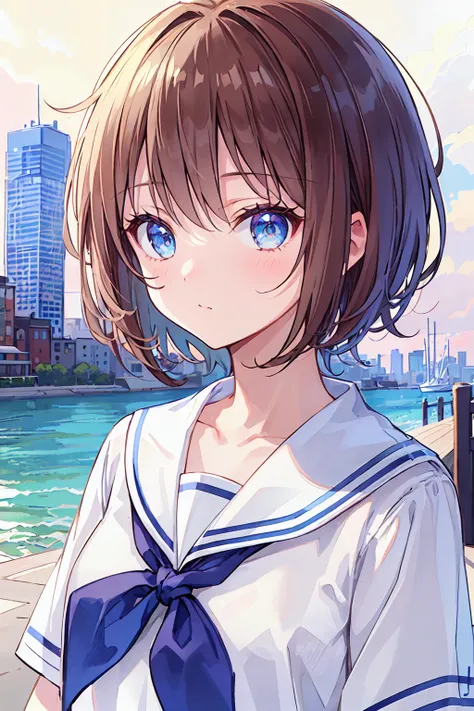  One girl, alone, Brown Hair,  blue eyes, View your viewers, bangs, short hair, Sailor collar, white Sailor collar, shirt, white shirt, Bobcut, Portraiture, compensate, The whole body is visible, Background city