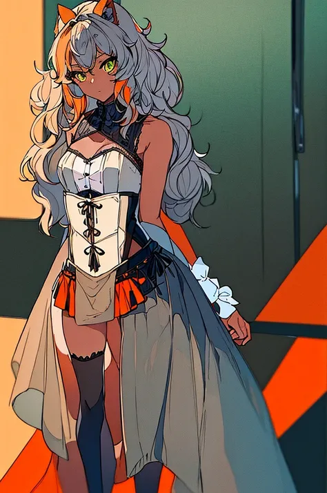 (masterpiece, best quality:1.2), full body, one girl, gray cat ears, green eyes, (dark skin), ((messy medium hair)), gray bra, black tight skirt, ((orange corset)), no background,