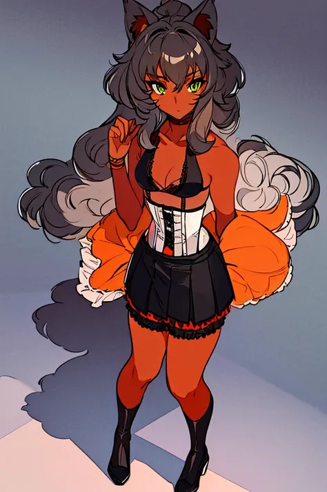 (masterpiece, best quality:1.2), full body, one girl, gray cat ears, green eyes, (dark skin), ((messy medium hair)), gray bra, black tight skirt, ((orange corset)), no background,