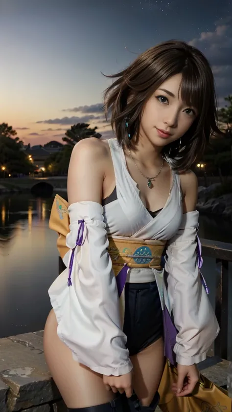 (masterpiece, Highest quality:1.3)
Yuna FF10,  One girl, alone, View your viewers, smile, short hair, blue eyes, skirt, Brown Hair, hair ornaments, jewelry, underwear, Green Eyes, Are standing, whole body, boots, Removable sleeves, kimono, Very good, Heter...