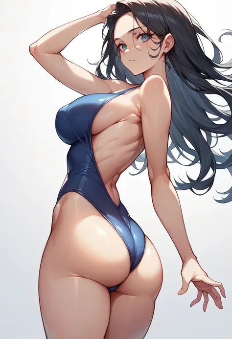 masterpiece,Highest quality,High resolution,shape,Very detailed,8k CG wallpaper,One Girl,Ray Tracing,Beautiful breasts,Long black hair, Navy blue oversized swimsuit,White background,Her butt is facing me,My forehead is sticking out,