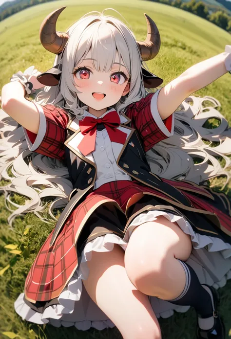 (8K, best quality, master piece: 1.2), super high resolution,1 girl,solo,16yo,ultra-detailed face,detailed eyes,Sheep’s horns attached to the head,Long hair,silverhair,wavy hair,mascara,plaid pattern short sleeve　bourdeax idol costume,over-kneehighs,mary j...