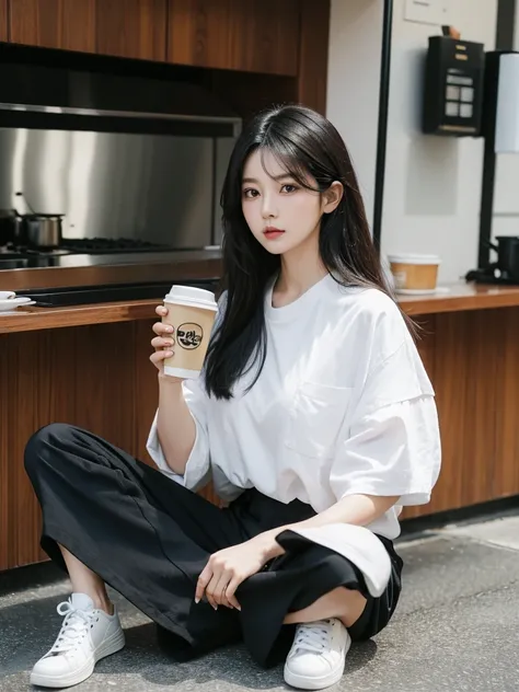 an Asian woman, 30 years old, black layered hair, 155 cm tall, wearing baggy black pants, light brown shirt unbuttoned, holding a coffee cup, white sneakers.