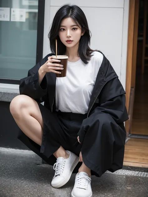 an Asian woman, 30 years old, black layered hair, 155 cm tall, wearing baggy black pants, light brown shirt unbuttoned, holding a coffee cup, white sneakers.