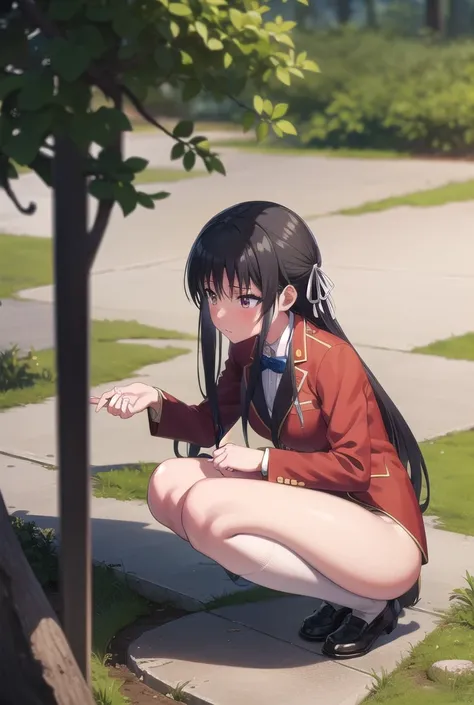 nsfw,suzune horikita,forest,Under the tree,Show the whole body,front,from the front,uniform,Red blazer,Hair ribbon, black knee-high socks,(((Pee,Urinating))),squat,((女genital,genital,))