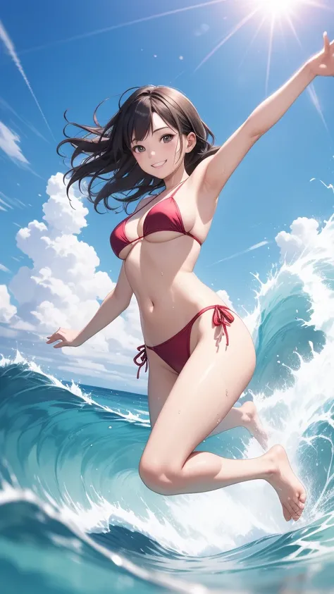 
Under the scorching sun,
BREAK
a high school girl in a bikini is jumping on the beach. Her face has a mischievous smile.
BREAK
Waves are crashing, and the water spray is sparkling.