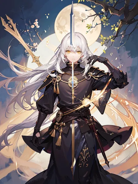 25-year-old male、White long hair、Yellow Eyes、Black Magic Sword、Medieval Europe、Black Steel Armor、Expressionless、Dark Magic