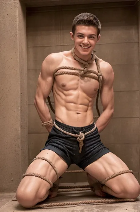  (((18 year old shirtless, very skinny twink))), fair hair, handsome face, smile (((wearing gym shorts))) biceps flexed, kneeling, ((((Trussed up completely with rope)))), ((((very tight rope crossed over chest)))),(((body in tight shibari ropes))) sweatin...