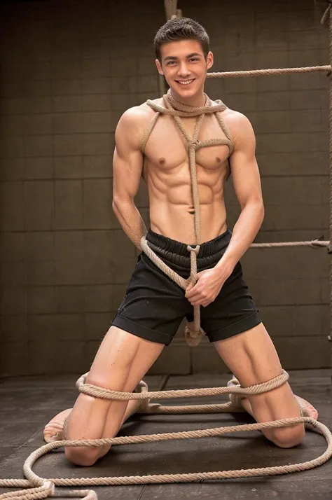  (((18 year old shirtless, very skinny twink))), fair hair, handsome face, smile (((wearing gym shorts))) biceps flexed, kneeling, ((((Trussed up completely with rope)))), ((((very tight rope crossed over chest)))),(((body in tight shibari ropes))) sweatin...