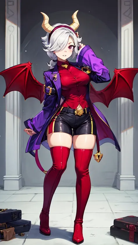 score_9, score_8_up, score_7_up, score_6_up, score_5_up, score_4_up, source_anime , colettetrixie, red skin, sharp teeth, hair over one eye, hairband, demon horns, colored sclera, purple shirt, purple shorts, demon wings, thigh high boots, red boots, heels...