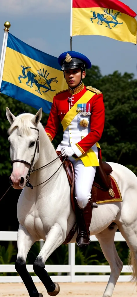 Elegant slim soldier man riding elegant white horse with yellow, blue and red Venezuela flag