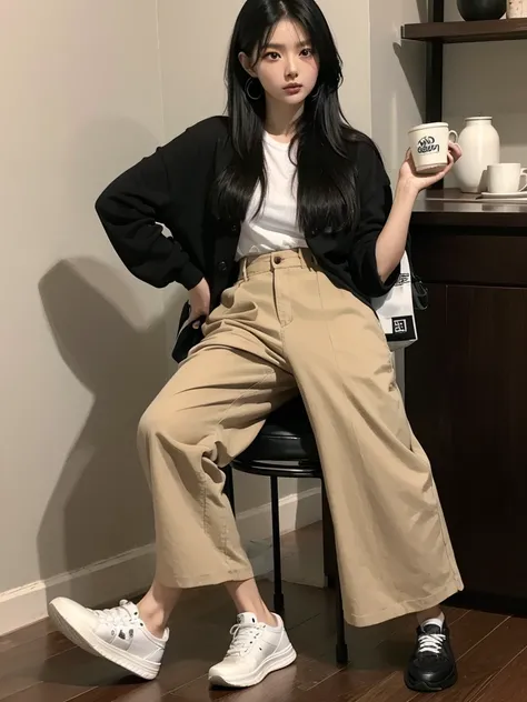 an Asian woman, 30 years old, black layered hair, 155 cm tall, wearing baggy black pants, light brown shirt unbuttoned, holding a coffee cup, white sneakers.