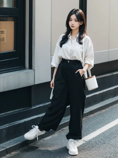 an Asian woman, 30 years old, black layered hair, 155 cm tall, wearing baggy black pants, light brown shirt unbuttoned, holding a coffee cup, white sneakers.