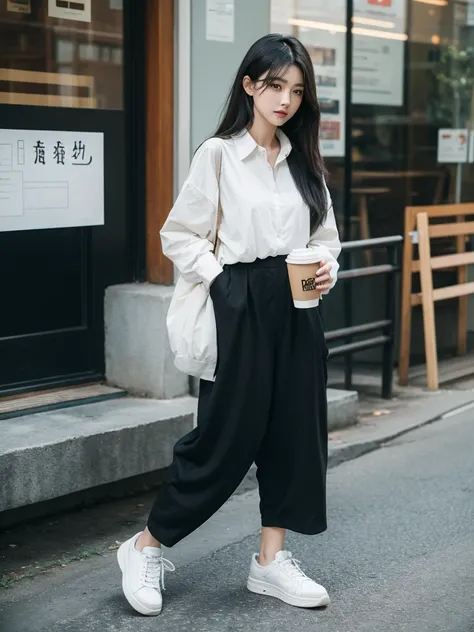 an Asian woman, 30 years old, black layered hair, 155 cm tall, wearing baggy black pants, light brown shirt unbuttoned, holding a coffee cup, white sneakers.