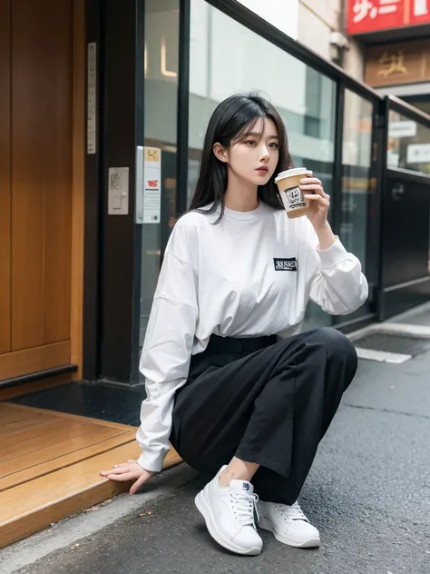 an Asian woman, 30 years old, black layered hair, 155 cm tall, wearing baggy black pants, light brown shirt unbuttoned, holding a coffee cup, white sneakers.