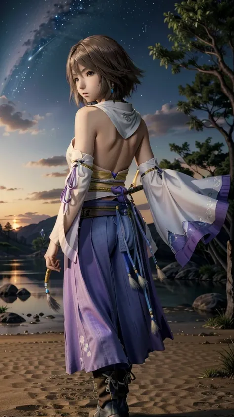 (masterpiece, Highest quality:1.3)
Yuna ff10,  1 Girl, alone,  short hair, blue eyes, skirt, Brown Hair, hair ornaments, jewelry, Green Eyes, Are standing, whole body, boots, Removed sleeve, kimono, good, Heterochromia iridis, in the same way, in the same ...