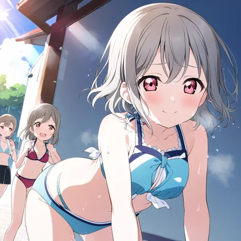 Kasumi Nakasu　Grey Hair　Very Short Hair　Red Eye　Light blue bikini　Beach　Wipe away sweat　Strong sunlight　sun　Sweaty　LoveLive　Nijigasaki Gakuen School Idol Club　smile　Straight Hair