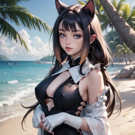 Ninomae Inanis, VTuber, 1 girl, ornament hair, swim suit, gloves, wave hair, medium hair, beach scene, sea on focus, white swim suit, cape, more details on her clothes, sea, night, smiling, ornament hair, long hair, palm trees, Looking at the viewer, flowi...