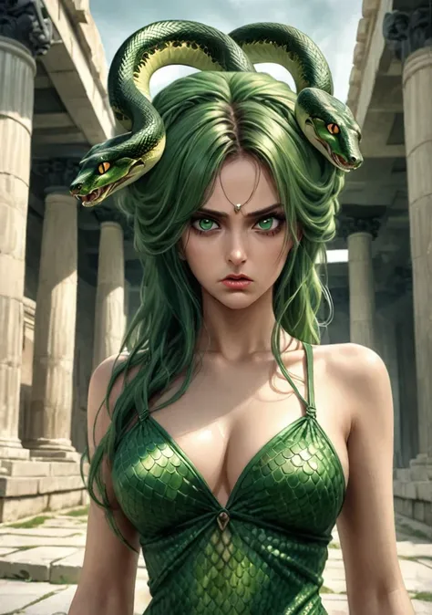 Medusa from Greek mythology, a sensual and angry woman, green eyes, with aggressive snakes on her head, green hair, sexy dress with green scales, medium breasts, background of the scene is a temple of ancient Greek architecture, realism, high definition, h...