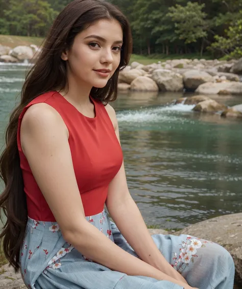 Araffe dress,Red dressRed wearing a short dress (white),People close to whitea mountain of water near the grass,Waterfall nearby light green, shining flowers,Red skywearing a suit (white), lipstick (pink) Escasamente vestido.Smooth sky model Hermosa figura...