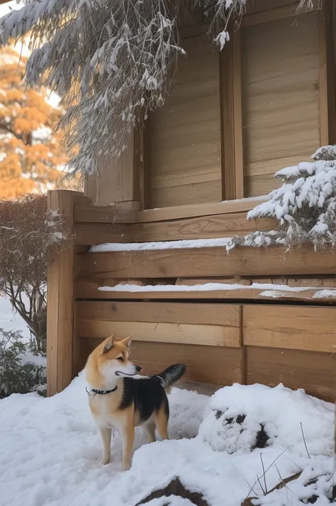 a Shiba Inu dog, adorned with a warm, orange scarf, sitting amidst a snowy environment. The dog appears to be enjoying the snowfall, with its eyes closed and a content expression on its face. Surrounding the dog are various objects, including a pot with a ...