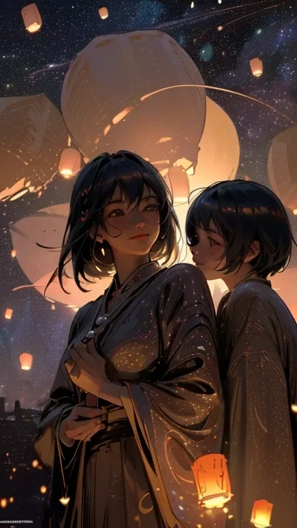 nsfw, Masterpiece, top quality, highly detailed, Photorealistic style, Chiaroscuro style, backlighting, 

2 girls, A lesbian couple make out in yukata,
looking at the camera with a smile,
A close-up of their beautiful eyes,

(Lots of fireworks all over the...