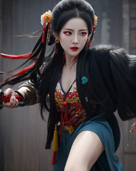 Color Ink Splashing, best quality,masterpiece,highly detailed,ultra-detailed,   beijing opera, solo, 1girl, black hair, makeup  ,fighting stance, holding weapon, portrait, 
<f