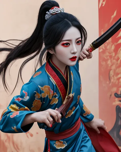 Color Ink Splashing, best quality,masterpiece,highly detailed,ultra-detailed,   beijing opera, solo, 1girl, black hair, makeup  ,fighting stance, holding weapon, portrait, 
<f